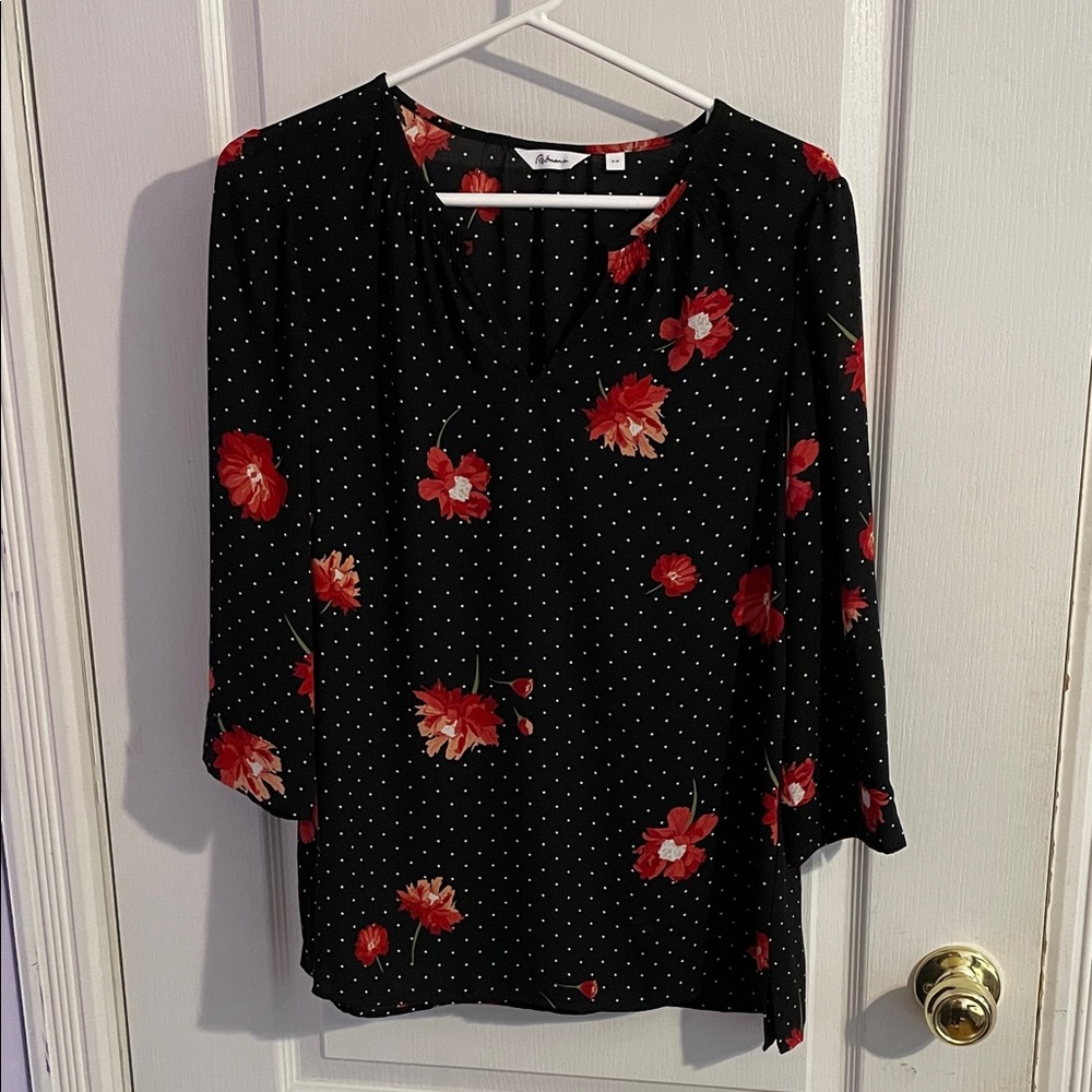 Reitmans Black Blouse with Red Floral Design